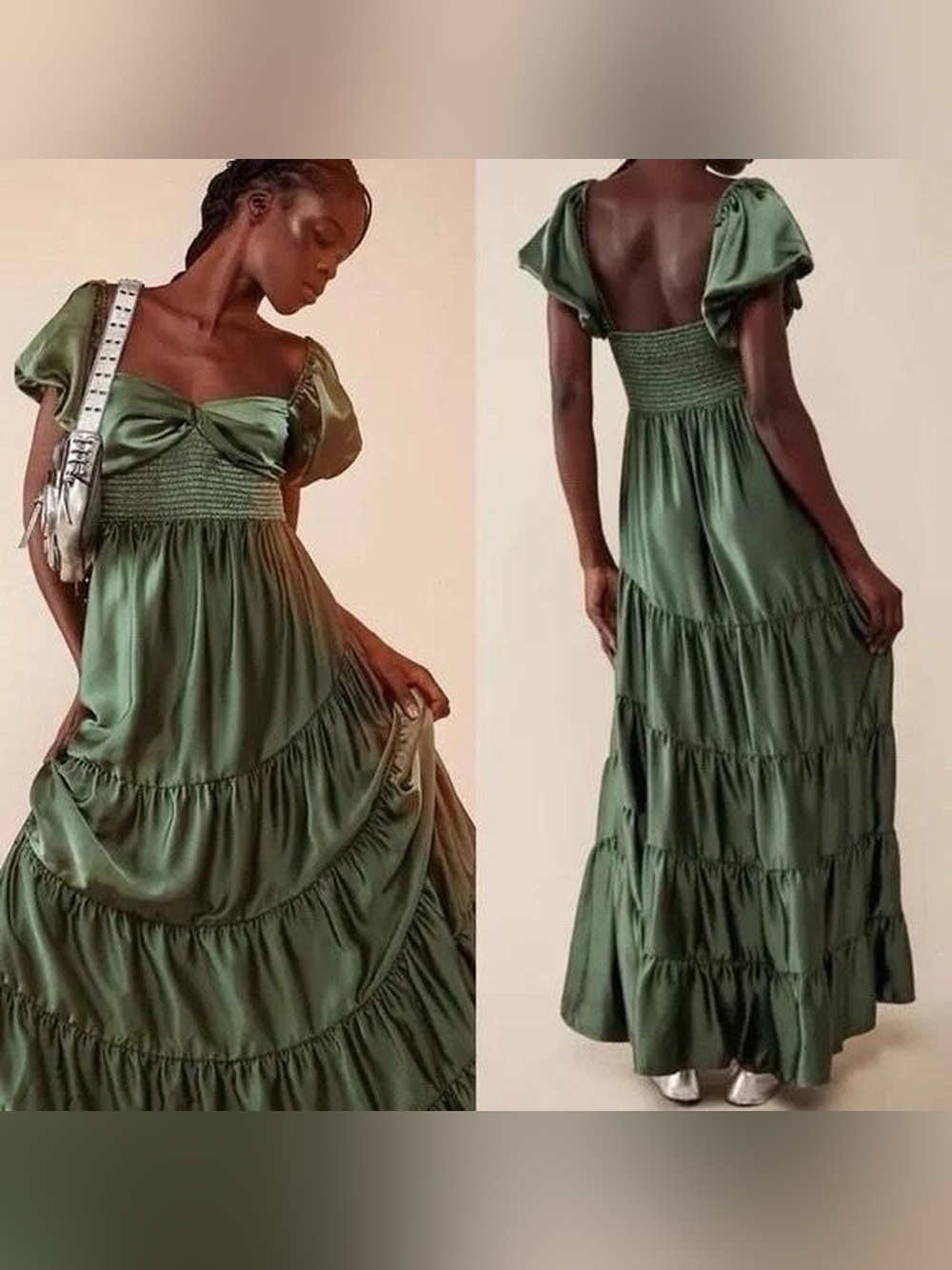 Free People Sundrenched Silky Maxi Dress - Green Tiered with Puff Sleeves